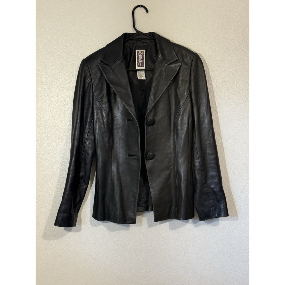 Vintage Zelda Lamb Leather Blazer Black Fitted Y2K Minimalist Jacket Size 2